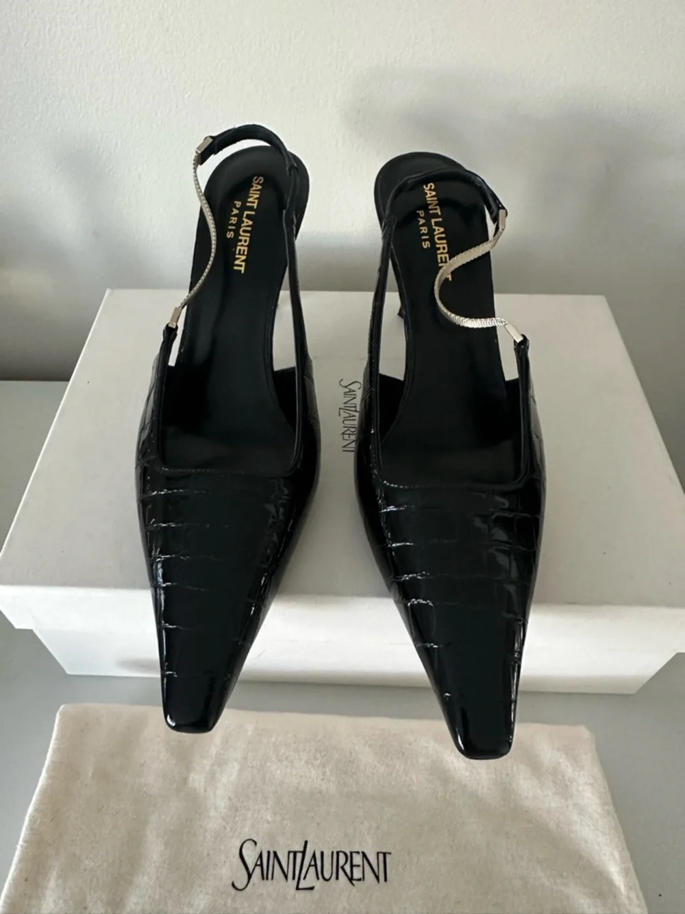 SAINT LAURENT Black Leather Aston Slingback Pumps 75 39 - Picture 3 of 9